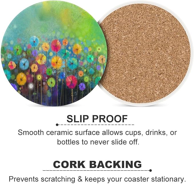 Round-6PCS Floral Drink Coasters, Round Modern Ceramic Absorbent Coasters, Watercolour Abstract Wildflower Nature Plant Colorful Floral Decor Desk Coffee Table Coaster for Beverage Cup Tea Coasters