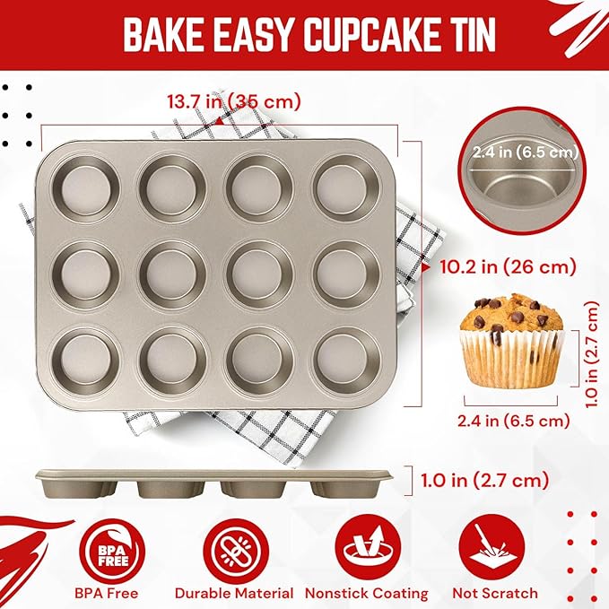 Flexzion Muffin Tray Cupcake Baking Pan 2 Pack, 12-Cup Nonstick Carbon Steel Muffin Tin Non-Stick Cupcake Tin Bakeware Accessories for Baking Brownies Snack, Fridge Safe, Champagne Gold