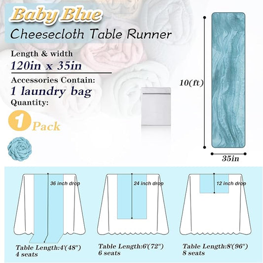 Baby Blue Cheesecloth Table Runner 1 Pack 35" Boho Gauze Runner 120 inches Long Rustic Sheer Fabric Bulk for Baby Shower Wedding Bridal Birthday Party Table Decorations