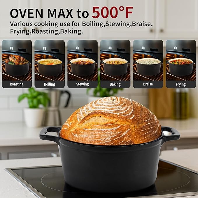 Tastedeli Enamel Cast Iron Dutch Oven with Lid, Round Casserole Pot for Bread Baking, Braising, Roasting, and Stews, Heavy-Duty, Oven Safe, Induction Compatible (4.7QT,Grey)