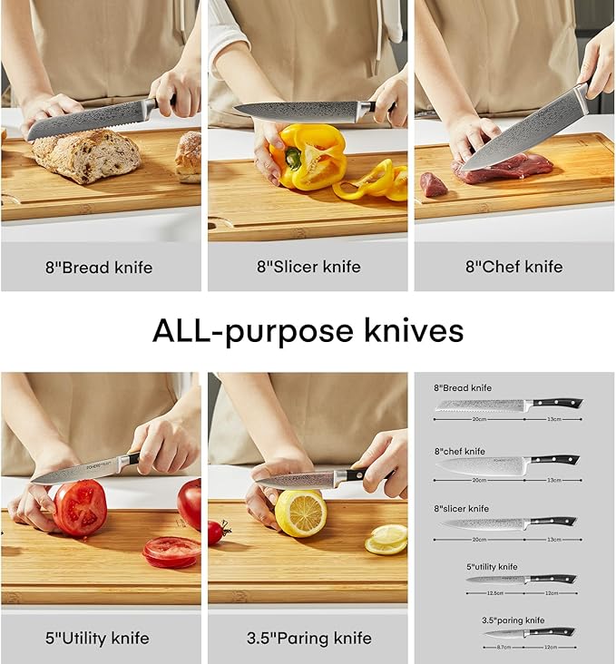 Knife Set, FOHERE Knife Block Set With Phone Holder, 360° Rotatable Kitchen Knife Sets 7PS, Knife Set with Sharpener, German Stainless Steel, Wood