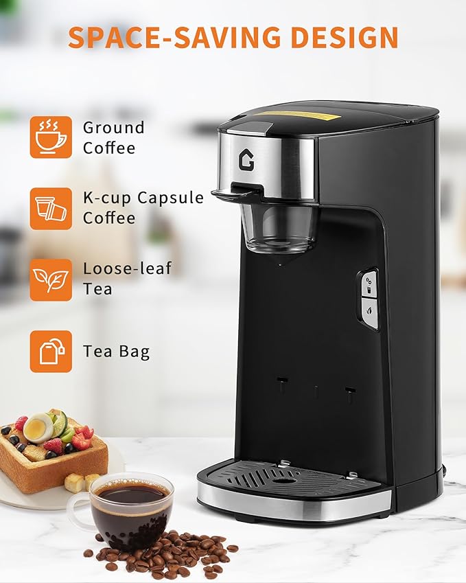 CABIHOME Single Serve Coffee Maker, One-Button Fast Brew for Coffee Capsules, Ground Coffee & Tea Pods, with Auto Shut-Off & Adjustable Cup Tray, for Home, Office, RV, Camping