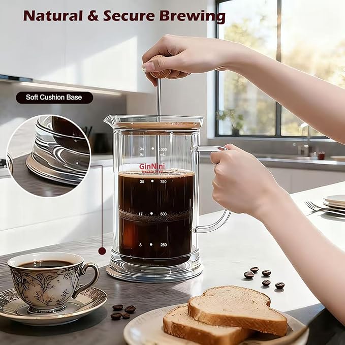 GinNini 34-Ounce French Press Coffee Maker, Double Wall Borosilicate Glass Carafe with Removable Stainless Steel Filter and Shaft with Enlarged Bamboo Knob and Lid,Heat-Resistant for Coffee and Tea