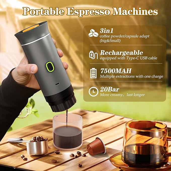 Lmozim Portable Coffee Maker, Espresso Machine for camping, Travel Coffee Maker with USB-C, 3-in-1 Small Espresso Machine with Ground Coffee & Capsules (NS＆DG) for RV, Hiking, Office(Grey)