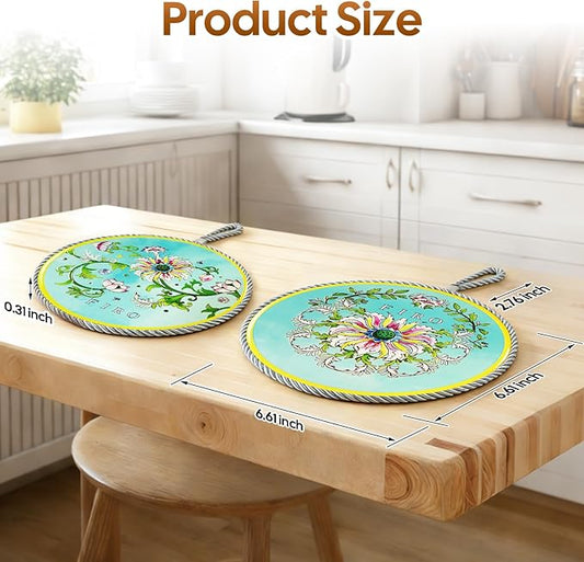 Ceramic Trivets for Hot Dishes,Anti-Slip with Heat Resistant Cork Trivet for Countertops and Tables,Protects Surfaces from Hot Pots,Pans,Cups,Decorative Coasters for Table,Dual-use,Portable Hanging