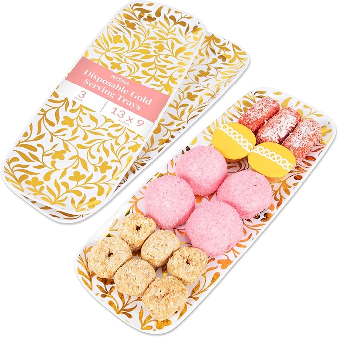 Prestee 3 Pack Gold Plastic Serving Trays for Party - 13 x 9 Inch Elegant Serving Platters for Food, Desserts, and Appetizers - Durable, Disposable Trays for Weddings, Holidays, Buffets, and Events