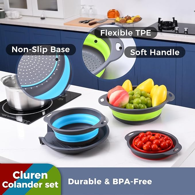 Collapsible Colander Set with Oversized Draining Tray | 3-Pack Foldable Kitchen Strainers + Base | Space Saving for Pasta, Veggies, Fruit & Rice | 5 Colors (Gray-Blue-Red-Green)