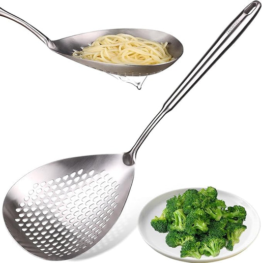 Skimmer Slotted Spoon -16.5" 304 Stainless Steel Pasta Spider Strainer Skimmer Ladle Spoon for Cooking and Frying - Kitchen Metal Scoop Colander Strainer Spoon with Heat Resistant Handle