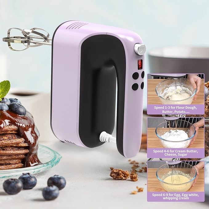 Yomelo 9-Speed Digital Hand Mixer Electric, 400W Powerful DC Motor, Hand Mixer Electric Handheld with Snap-On Storage Case, 5 Stainless Steel Accessories, Beaters, Dough Hooks, Whisk(Purple/Black)
