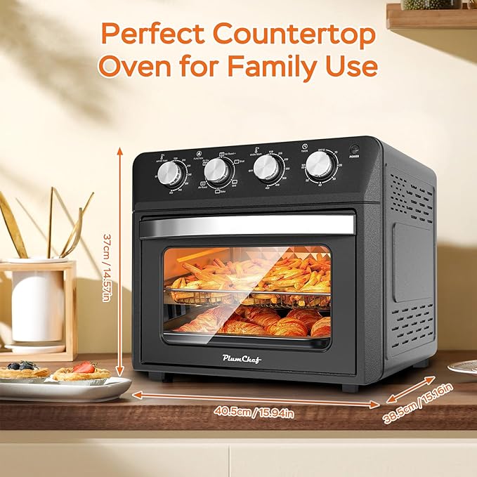 Plum chef 27.5QT 6-in-1 Air Fryer Toaster Oven Extra Large Dropdown-Door 6-Slice Convection Oven for Air Frying, Baking, Roasting, Broiling & Grilling, Stainless Steel Housing, Black