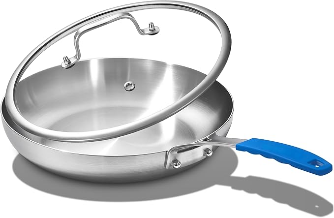 Inqibee 8.5 Inch Tri-Ply Stainless Steel Frying Pan with Lid, Skillet, Induction Cooking Pan, Dishwasher Safe and Detachable Handle