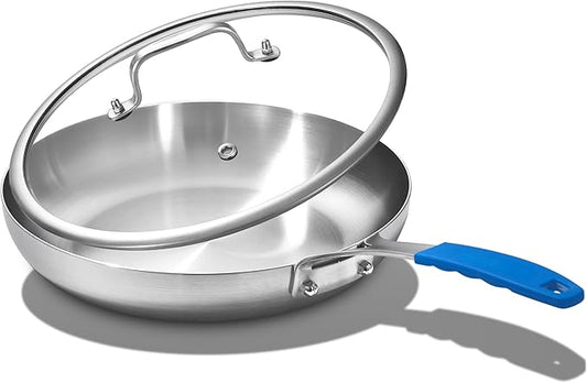 Inqibee 8.5 Inch Tri-Ply Stainless Steel Frying Pan with Lid, Skillet, Induction Cooking Pan, Dishwasher Safe and Detachable Handle