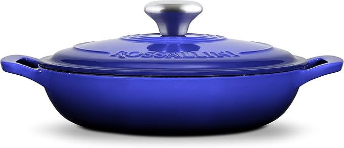 ROSSALLINI Signature Enameled Cast Iron Braiser, Non-Stick Serving Pot with Tight Fitting Lid for Perfect Roasting, Baking, Sauteing, Searing, and Pan Frying | 5Q (4.7L) - Indigo Blue