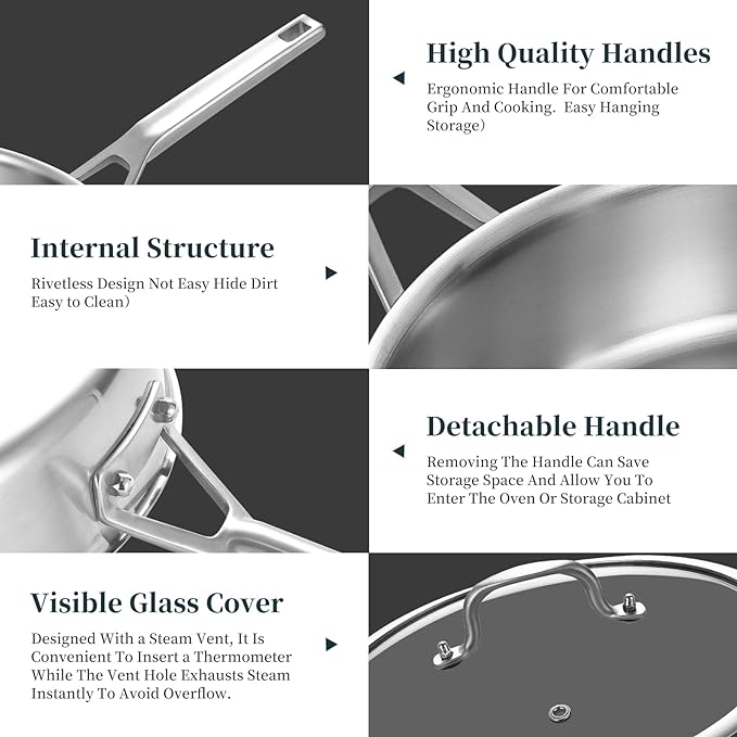 YEKSUM Stainless Steel Saute Pan, Tri-Ply Saute Pan 5QT, 12 Inch Deep Frying Pan with lids, Compatible with All Cooktops Up to 650℉, 3-layer Large Skillet with Stay Cool Handle, Induction Pan, Durable