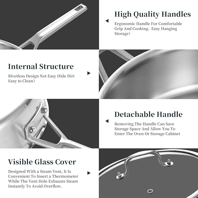 Yeksum Tri-Ply Stainless Steel Saute Pan 7 Quarts, 12 Inch Deep Frying Pan with Lids, 3-layer Large Frying Pan Skillet with Stay Cool Handle, Saute Pan with Lid, Induction Pan, Works on All Cooktops