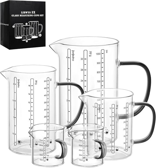 LIBWYS Glass Measuring Cup Set of 5, 1000ml (32oz), 500ml (16oz), 350ml (12oz), 2x75ml (2.5oz) with Anti-slip Silicone Pad, Heat-resistant Borosilicate Glass Liquid Measuring Cup