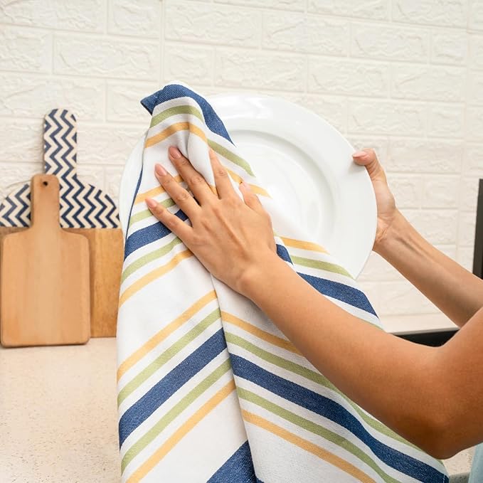 Kitchen Towel Set of 6, 100% Cotton Quick-Drying Absorbent Dish Towels & Tea Cloths, 20x30 Inch, Decorative Farmhouse Towels for Kitchen, Navy Blue Stripes