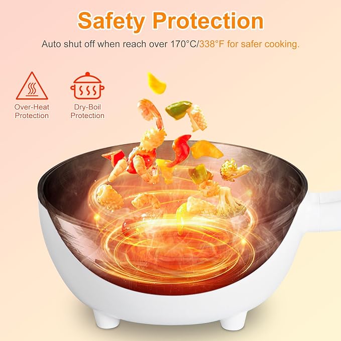 iMounTEK Electric Hot Pot Non-Stick Frying Pan Portable Rapid Noodles Cooker with Long Handle Steamer Spatula Dual Power Control Overheat Dry-Boil Protection for College Dorm Room Essential for Party