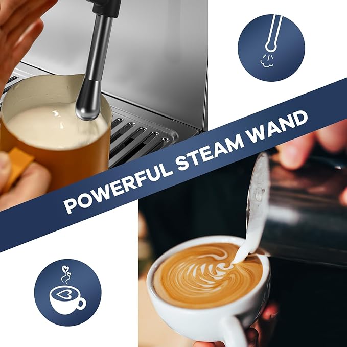 IDEALHOUSE Espresso Maker with Grinder,Milk Frother, 15 Bar Pump, 15 Grind Settings, Digital Display, High Power Milk Frother, Digital LCD Screen, Stainless Steel Coffee Maker for Home and Office