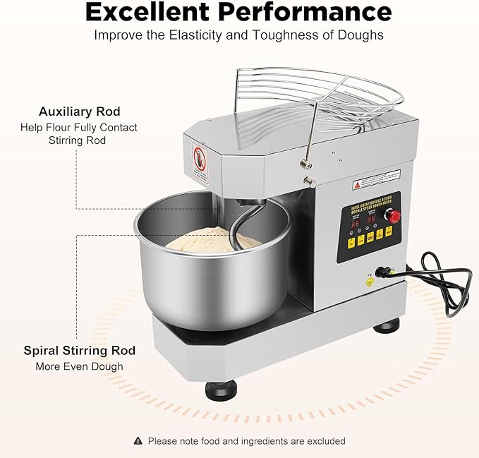 10L Commercial Dough Mixer, 750W Stand Mixer with Stainless Steel Bowl, Dual Rotating Dough Kneading Machine Heavy Duty Dough Blender with Timing Function for Bakery, Cream, Pizzeria