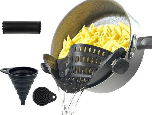 Clip on Strainer Silicone for All Pots and Pans, Colander, Pot Strainer for Pasta, Meat, Vegetables, Space Saving Design, Food-Safe, with Collapsible Funnel, Garlic Peeler, 3 Pack (Black)