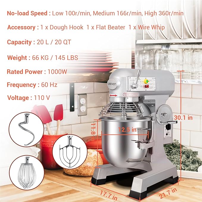 BOSBAK 20QT Commercial Planetary Stand Mixer, Heavy Duty Dough Mixer with 60-Min Timer & Splatter Guard, 3 Speeds for Kneading, Creaming, Whipping, for Bakery, Pizzeria, Restaurant