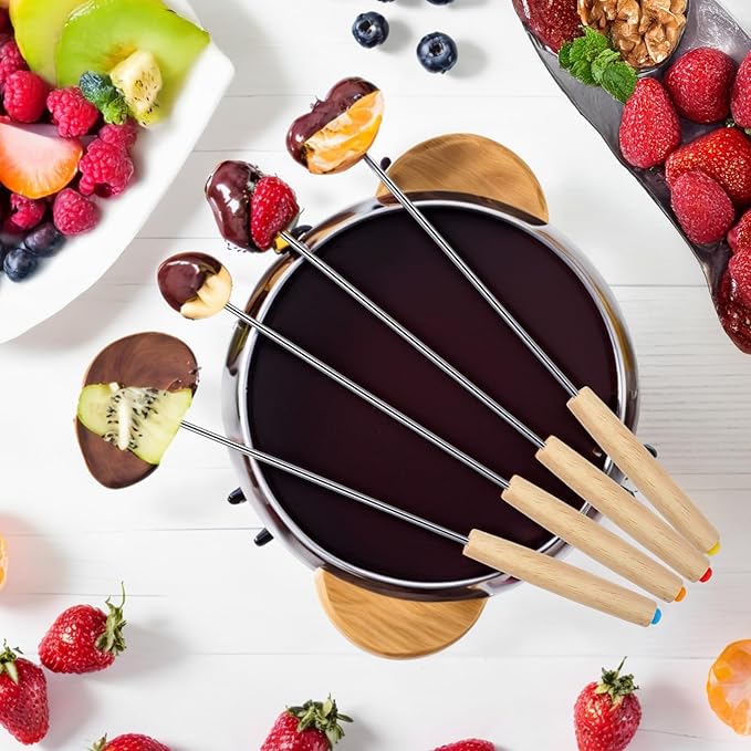 6Pcs 9.5'' Stainless Steel Fondue Forks Cheese Fondue Sticks with Color-Coding Heat-Resistant Wooden Handles, Ideal for Chocolate Fountain, Roasting Marshmallows, Grilling Meat, Desserts & Barbecue