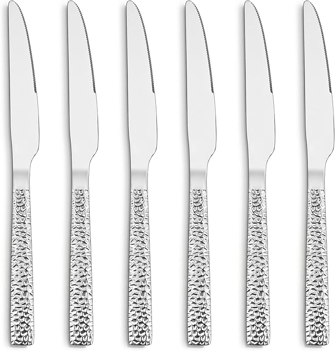 E-far Hammered Dinner Knives Set of 6, 8.9 Inch Stainless Steel Serrated Steak Butter Knife for Home Kitchen Restaurant, Modern Design & Square Edge, Mirror Finish & Dishwasher Safe