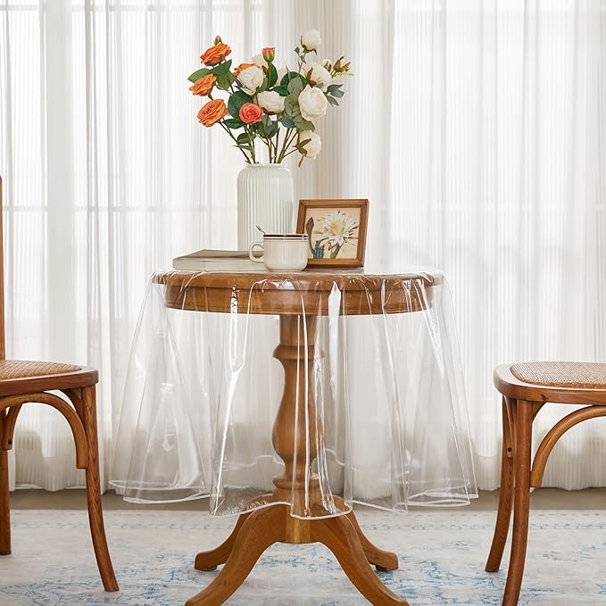 Clear Plastic Tablecloth Round Vinyl Transparent PVC Table Cloth 100% Waterproof Oil-Proof Stain Resistant Wipeable Table Protector Cover for Dinning Table, 60-Inch Round.
