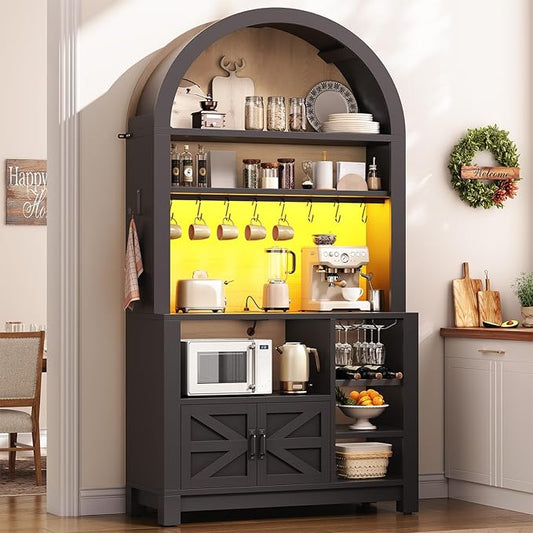 Itaar 73" Tall Arched Bakers Rack with Power Outlet and LED Light, Farmhouse Coffee Bar Cabinet, Kitchen Microwave Stand with Storage for Kitchen, Dining Room, Living Room, Black