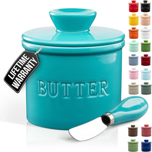 Zulay Kitchen Bell Shaped Butter Crock with Lid for Countertop with Water Line & Spreader Knife, Ceramic French Butter Dish Keeper For Fresh, Soft & Spreadable Butter - Turqoise
