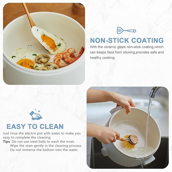 Electric Steamer for Cooking, 2L Ceramic Glaze Non-stick Pot, Dual Power Multi-functional Electric Cooker, Suitable for Steak, Pasta, Hot Pot, Ramen, Quick Heating and Overheat Protection