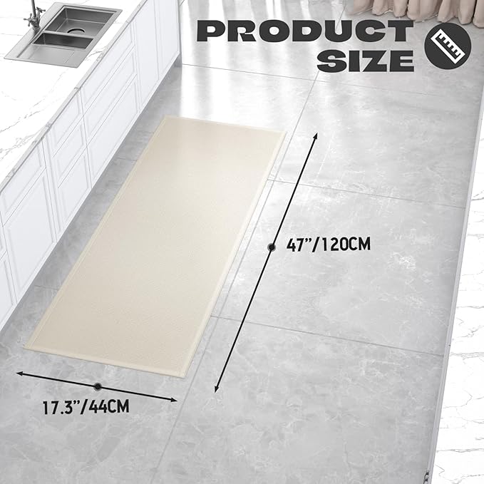 Kitchen Rug, Rubber Non Slip Kitchen Rugs Washable, Absorbent Runner Mat for Floor, Machine Washable Standing Mats for in Front of Sink, Door, Laundry, Entryway, Hallway (Beige, 47" × 17.3")