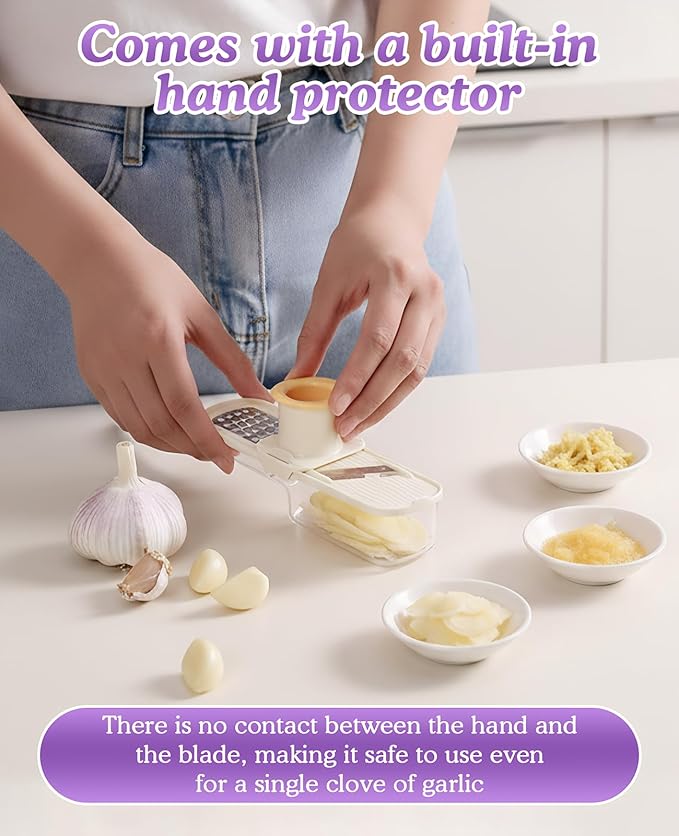 2PCS Mini Multifunctional Garlic Grinder, Garlic Slicer Super Thin with Container, Ginger Veggie Mandoline Mincer Cutter