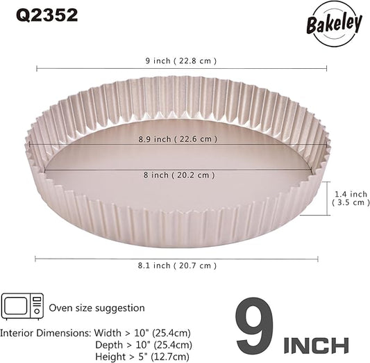 Bakeley 9-Inch Round Tart Pan with Loose Removable Bottom, Non-Stick Carbon Steel Quiche Pan for Oven Baking (Champagne Gold)