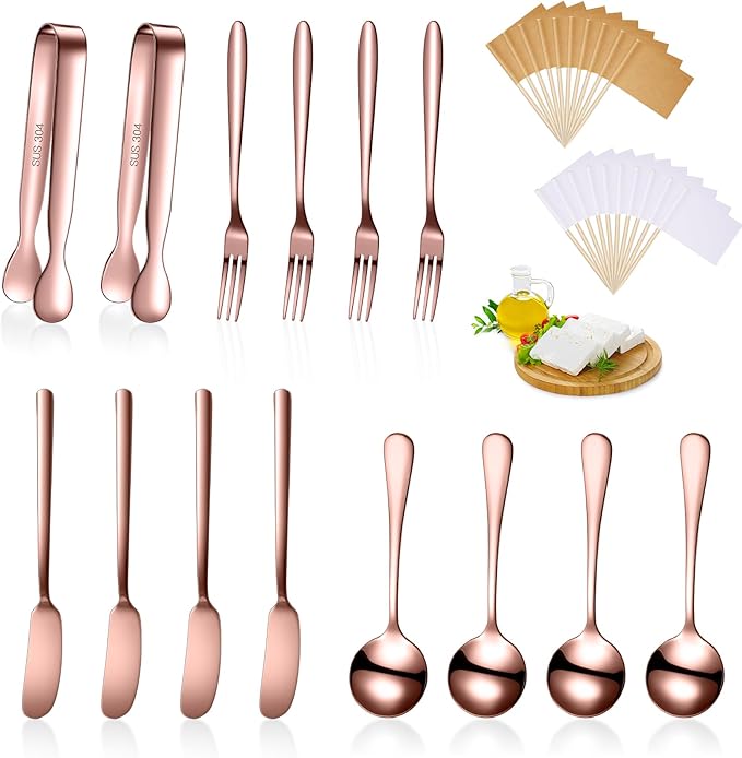 Patelai Charcuterie Boards Accessories Charcuterie Utensils Set Cheese Butter Spreader Knives Stainless Steel Mini Serving Tongs Spoons Forks and Toothpick Flags for Appetizers Pastry(Rose Gold)