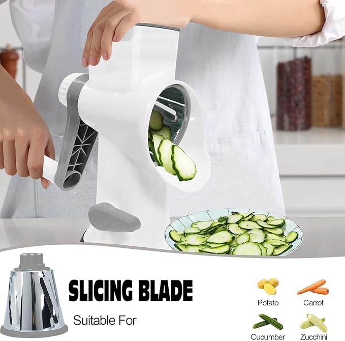 Cheese Grater with Handle,Multifunctional Rotary Cheese Grater,Kitchen Cheese Shredder Can Easily Chop Vegetables,Potatoes,Carrots,Etc.The Suction Cup is Stable and Easy to Clean (white)