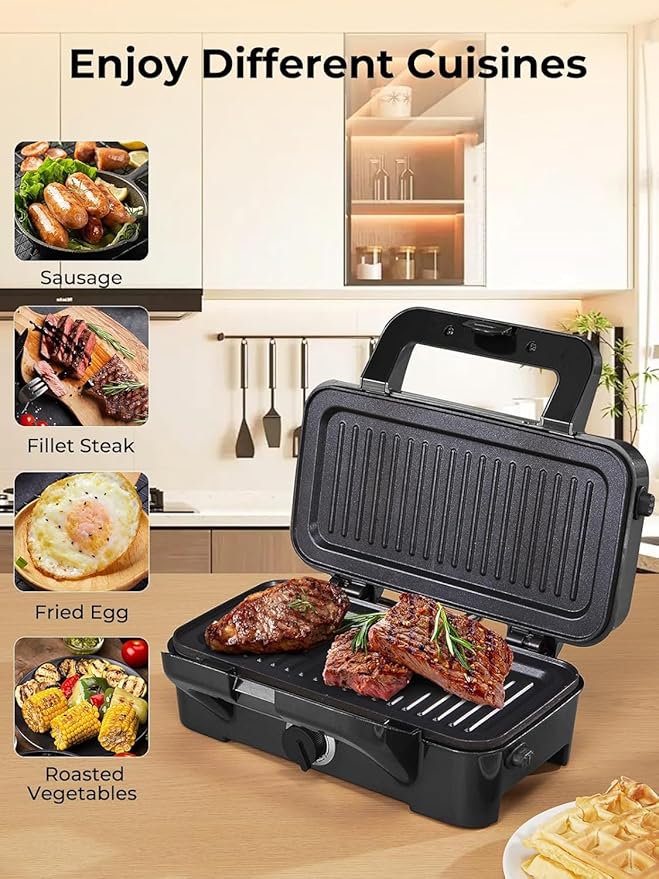 HOUSNAT Sandwich Maker, 3 in 1 Waffle Maker with Removable Plates, 1200W Panini Press with Interchangeable Non-Stick Plates, Indicator Lights, 5-gear Temperature Control (Black)