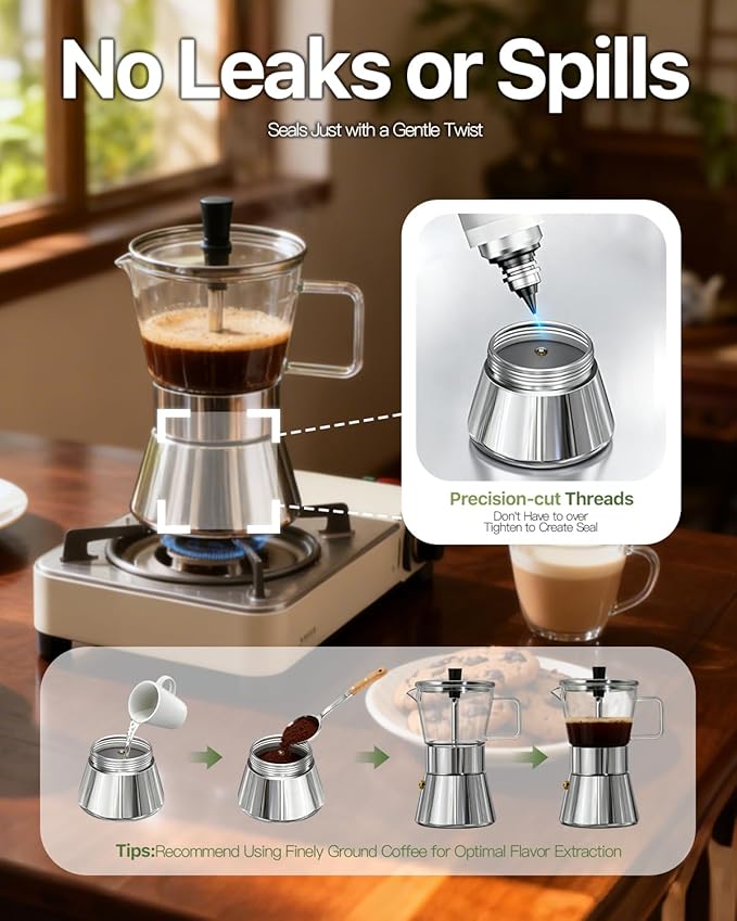 Grasseed Crystal Glass-Top Moka Pot, Polished Stainless Steel Stovetop Espresso Maker for Italian Coffee - 6 Cup/240ml/8.4oz