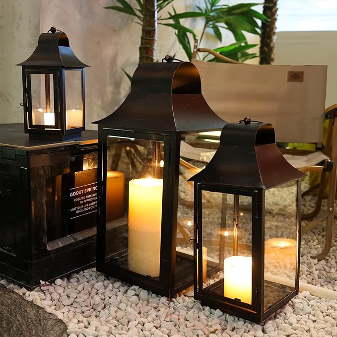 DECORKEY 3Pack Lanterns Decorative Outdoor & Indoor, Large Square Lanterns Decorative for Front Porch, Metal Frame Candle Holders with Glass, Vintage Patio, Pathway, Balcony, Garden, Yard Decor