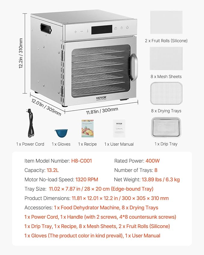 VEVOR Food Dehydrator Machine, 8 Stainless Steel Trays, 400W Electric Food Dryer with Adjustable Temperature & 24-Hour Timer, Food Dehydrator for Jerky, Meat, Fruit, Vegetables, Herbs, Dog Treats