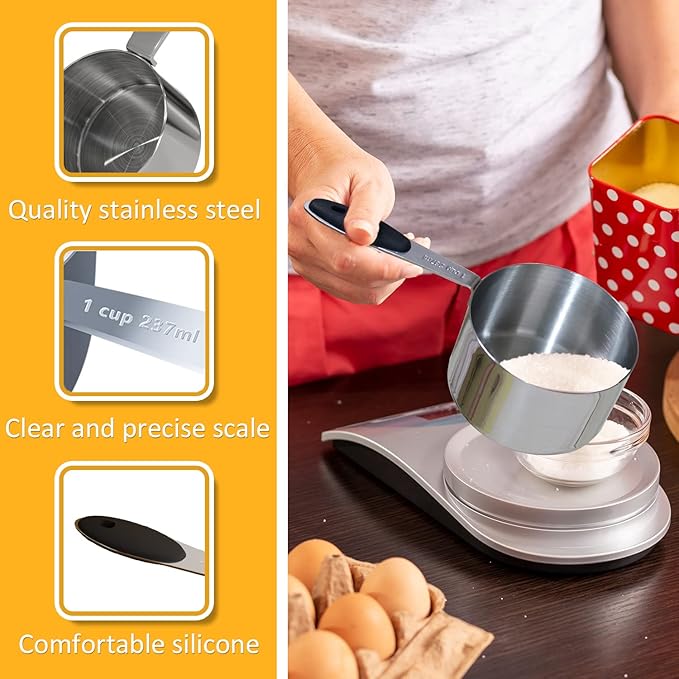 1PCS 1Cup (237ml, 8oz) Single Measuring Cup with Black Silicone Grip, Stainless Steel Individual Measure Scoop Only