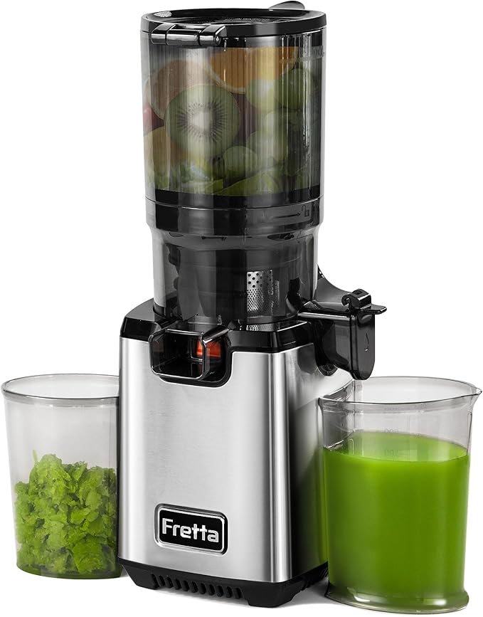 Fretta Cold Press Juicer,Juicer Machines Vegetable and Fruit,Masticating Juicer with 5.3'' Large Feed Chute fit Whole Fruits,BPA-Free, Reverse Function,Durable Stainless Steel Body,250W Quiet Motor