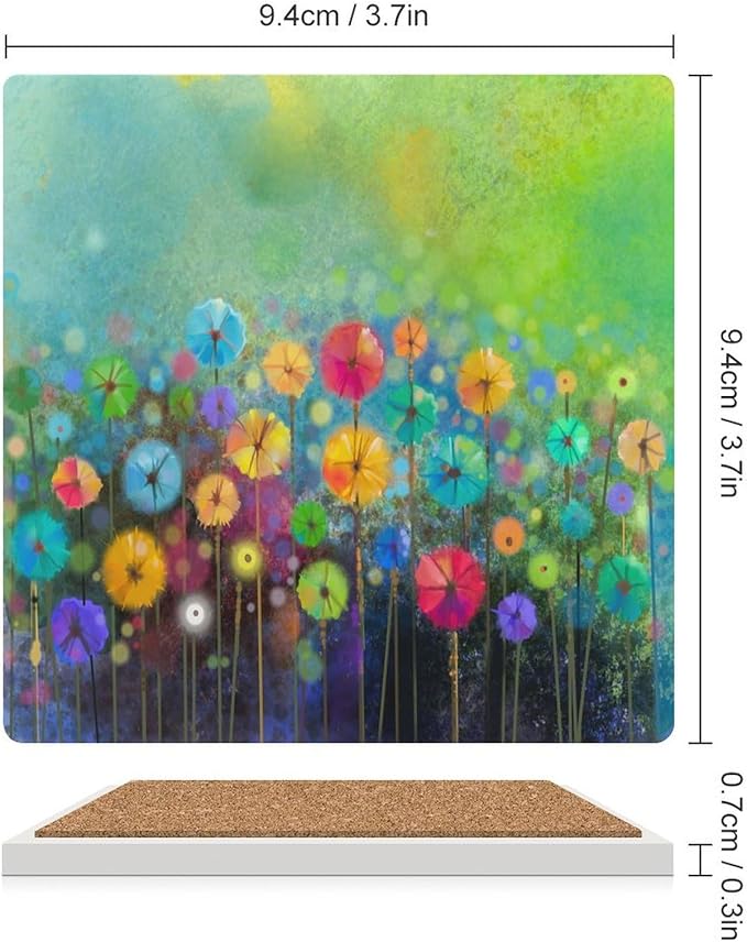 Square-4PCS Floral Drink Coasters, Square Modern Ceramic Absorbent Coasters, Watercolour Abstract Wildflower Nature Plant Colorful Floral Decor Desk Coffee Table Coaster for Beverage Cup Tea Coasters