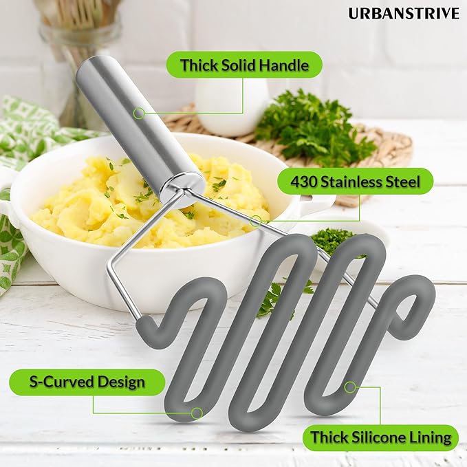 Urbanstrive Non-Scratch Silicone Potato Masher Kitchen Tool, Potatoes Masher Potato Masher Stainless Steel Wrapped In Premium Silicone, Potato Smasher, Grey