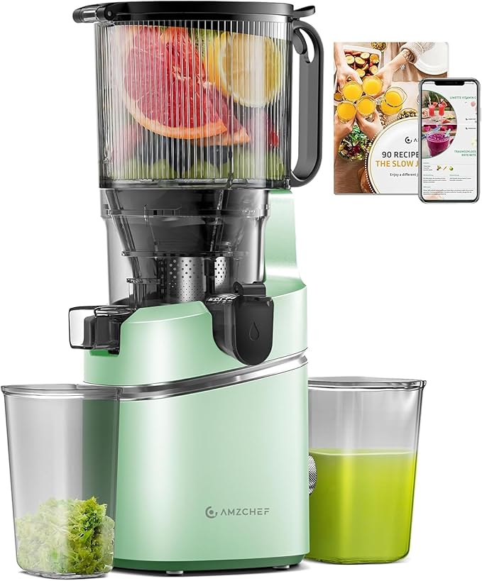 AMZCHEF Juicer Machines, 5.8" Extra Self-Feeding Cold Press Juicer for Whole Vegetable & Fruit, Juice Extractor Machine with Large Auger & Triple Strainers, Easy to Clean, High Juice Yield, Green