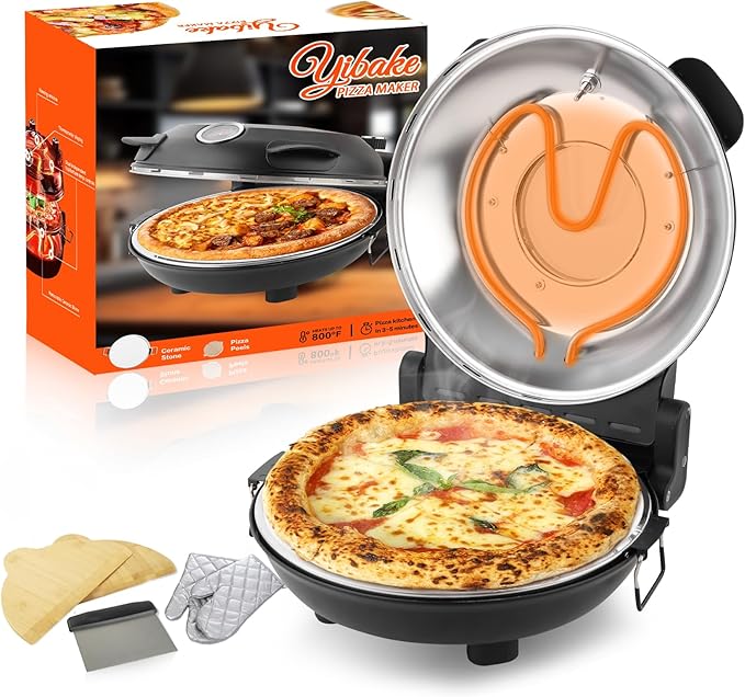 YIBAKE 12" Electric Pizza Oven - Countertop Pizza Maker with Ceramic Stone, Heats up to 800°F, Portable Indoor Pizza Oven for Homemade Pizzas, Black