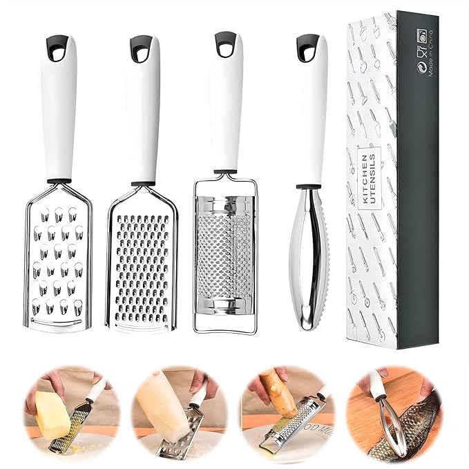 4 PCS Cheese Grater Set-Kitchen Professional Stainless Steel Handheld Zester,Cheese Graders for kitchen,Zester Grater with Handle,graters, peelers & slicers for Food