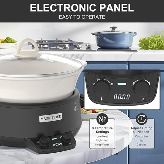 MAGNIFIQUE Small 5 Quart Round Casserole Programmable Slow Cooker with Glazed Ceramic Liner, Food Warmer Perfect Kitchen Small Appliance for Family Dinners, Black