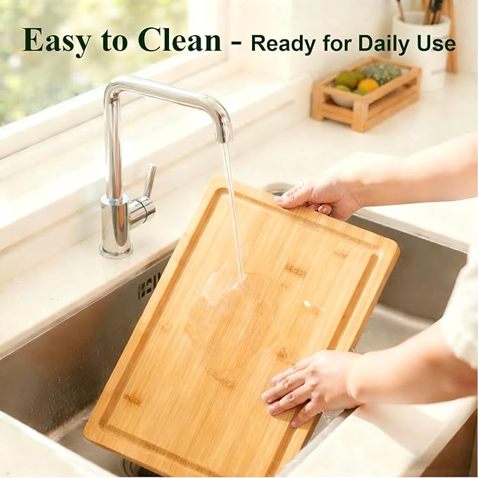 Tafopue Bamboo Cutting Board Set of 3 with Stand, Wooden Chopping Boards for Kitchen, Reversible Butcher Block with Juice Groove & Handle, Charcuterie Boards for Meat, Vegetables, Fruit, Cheese